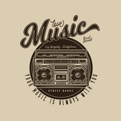 Original, monochrome, vector music emblem in retro style. Old cassette player. Boombox