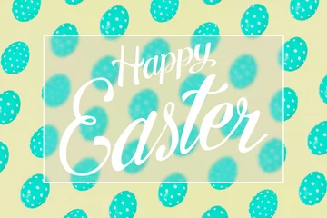 Foto op Aluminium Blue Easter eggs on a yellow background. Festive preparation, pattern, repetition, banner. Text, Happy Easter, greeting card, postcard. © Plutmaverick