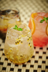 Fresh drinks on cafe table 