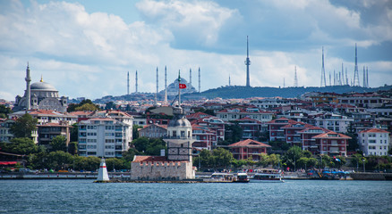 seascape. View from the sea through the Golden horn to the maiden tower in Istanbul.