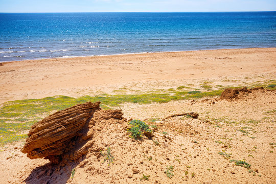 Seascape at Korission lake with sandstones and dunes in the foreground in Corfu, Greece