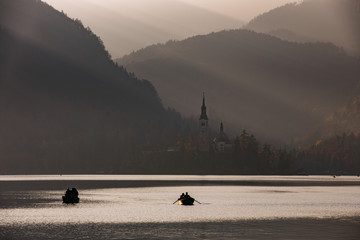Afternoon lights at Bled Lake, Slovenia, Europe. St. Martin church in the background. - 331717143
