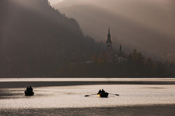 Afternoon lights at Bled Lake, Slovenia, Europe. St. Martin church in the background. - 331717193
