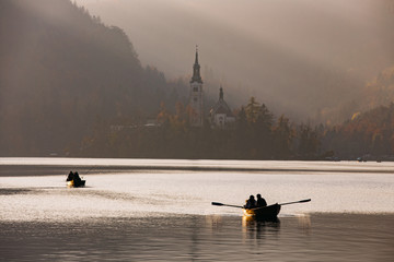 Afternoon lights at Bled Lake, Slovenia, Europe. St. Martin church in the background. - 331717322