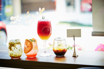 Fresh cafe drinks on table 