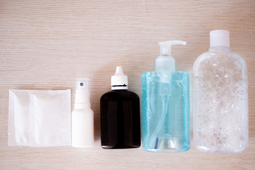 antiseptic, hydrogen peroxide, hang gel, soap, napkins. hygiene product 