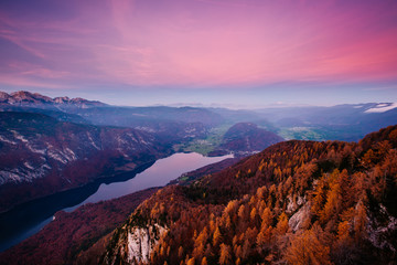 ake Bohinj from Vogel in the sunset. Triglav mountains and Julian alpsin the baclground, Slovenia, Europe - 331718507
