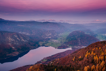 ake Bohinj from Vogel in the sunset. Triglav mountains and Julian alpsin the baclground, Slovenia, Europe - 331718510