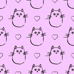 Abstract seamless pattern with black outline cat and heart on pink background