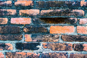 Old vintage brick wall in Lopburi, Thailand. Weathered brick wall texture background at old temple.