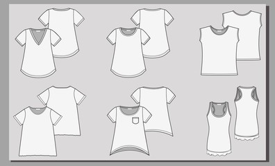 Women tops sketch collection. Fashion flat illustration.