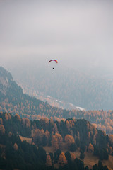Paraglider flying over mountains in the dolomites, Italy. Sunny autumn day. - 331719113