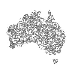 Australia map from black isolines or level line geographic topographic map grid. Vector illustration.