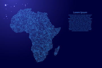 Africa continent map from blue isolines or level line geographic topographic map grid and glowing space stars. Vector illustration. © elenvd