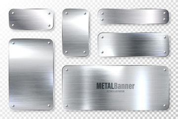 Realistic shiny metal banners set. Brushed steel plate. Polished silver metal surface. Vector illustration. - obrazy, fototapety, plakaty