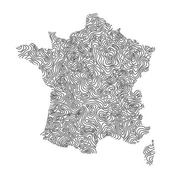 France map from black isolines or level line geographic topographic map grid. Vector illustration.