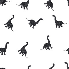 Black dinosaurs with grunge texture on a white background. Abstract seamless pattern