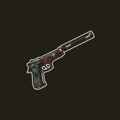 Naklejka premium Pistol with a silencer. Original vector illustration, icon in retro style.
