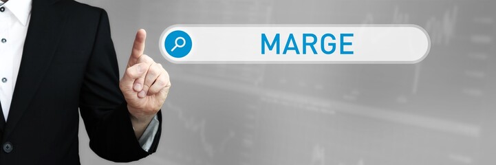 Marge. Mann im Anzug zeigt mit dem Finger auf ein Suchfeld. Das Wort Marge steht in der Suche. Symbol für Business, Finanzen, Statistik, Analyse, Wirtschaft