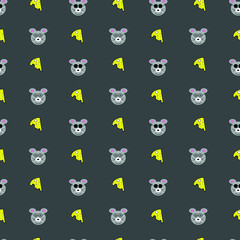 Fototapeta na wymiar Cool gray mouse in glasses and a piece of cheese on a black background. Seamless pattern