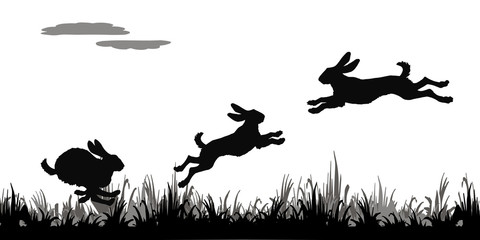 realistic black silhouettes of forest hares jumping on a field on an  white background