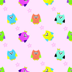 Seamless pattern with multicolored owls on pink background. Children print