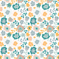 Seamless pattern with pretty flowers, leaves and floral elements. Floral colorful design in pastel colors. Good for baby products, fabric, wallpaper and more