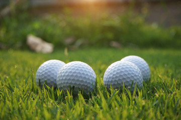 Golf ball on green in beautiful golf course at sunset background.