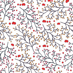 Hand drawn seamless pattern vector of branches, red and orange berries on white background. Doodle illustration for design cards, invitations, wallpaper, wrapping paper, fabric, textile, packaging