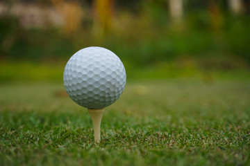 Golf ball on tee ready to be shot.