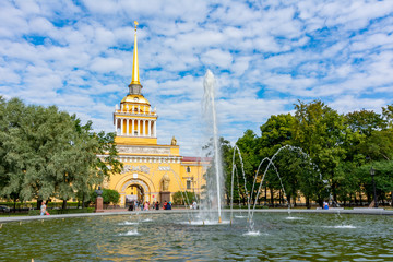 Fountain at Admiralty building in Alexander garden, Saint Petersburg, Russia