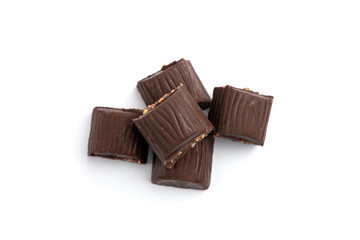 Dark chocolate bar with peanut isolated on white.