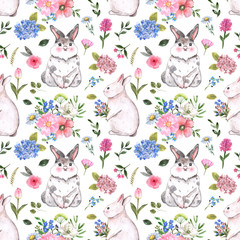 Cotton fabric Cute rabbits and flowers seamless pattern. Watercolor Happy Easter print for holiday design. Hand painted baby bunny illustration on white background. Nursery wallpaper