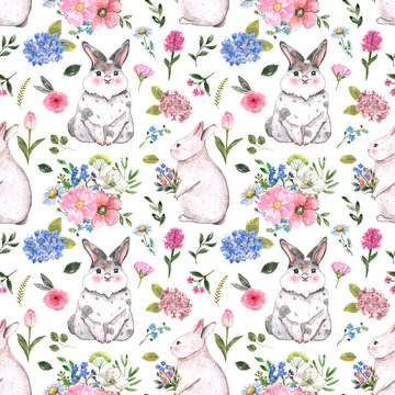 Cute rabbits and flowers seamless pattern. Watercolor Happy Easter print for holiday design. Hand painted baby bunny illustration on white background. Nursery wallpaper