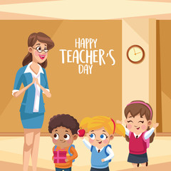happy teachers day card with teacher in the school
