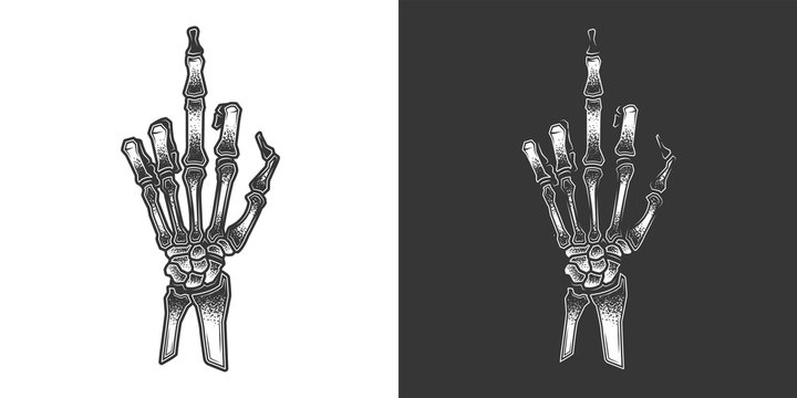 Original monochrome vector illustration in retro style. A skeleton hand with the middle finger raised.