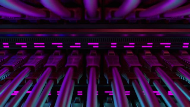 Close-up View of Modern Internet Network Switch With Plugged Ethernet Cables. Blinking Lights on Internet Server. Concept of Data Center, Cloud Computing and Telecommunications. Endless Loop.