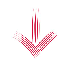 Red downward pointing pen drawn arrow icon sketched as vector symbol..