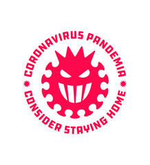 Coronavirus Pandemic Protection Badge. Stay Home Design Concept. Corona Virus Cell Angry Face Icon. Covid Caution Sign. Stop coronavirus. Coronavirus outbreak. 