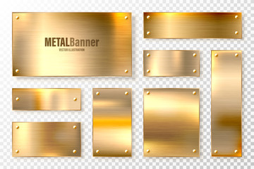 Realistic shiny metal banners set. Brushed steel plate. Polished copper metal surface. Vector illustration.
