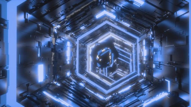 Abstract background with specular gem flying through blue neon hexagon tunnel. Art, commercial and business concept. 3d rendering animation seamless loop 4K video.
