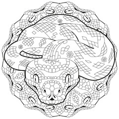 Zentangle snake with mandala. Hand drawn decorative vector illustration for coloring