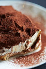 Tiramisu cake on white plate