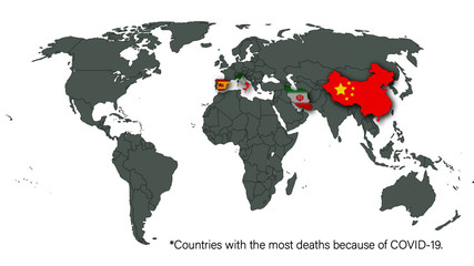 Fototapeta na wymiar World map; Countries with the most deaths because of Corona.