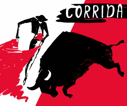 Bullfighting. Сorrida.Graphic silhouettes of the bull and toreador