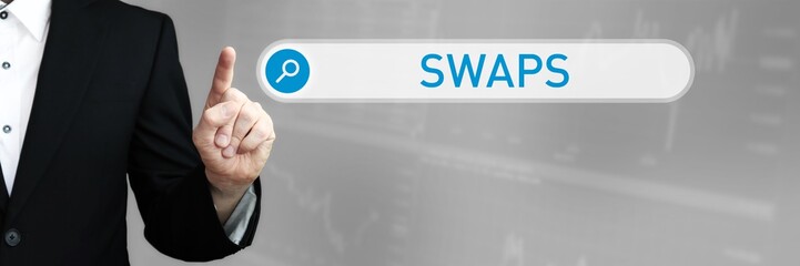 Swaps. Mann im Anzug zeigt mit dem Finger auf ein Suchfeld. Das Wort Swaps steht in der Suche. Symbol für Business, Finanzen, Statistik, Analyse, Wirtschaft