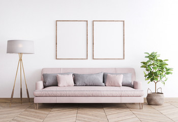 mock up poster frame in modern interior background, living room with pink sofa and grey pillows, wooden floor lamp and green plant, Scandinavian style, render, 3D illustration