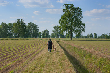 persona cammina con il cane in campagna