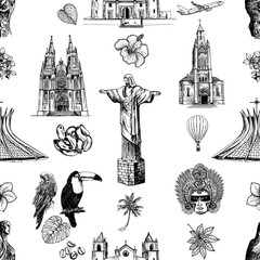 Seamless pattern of hand drawn sketch style Brazil related objects isolated on white background. Vector illustration.