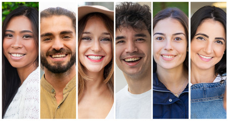 Happy friendly young people portrait set. Cheerful diverse men and women in casual multiple shot collage. Positive human emotions concept